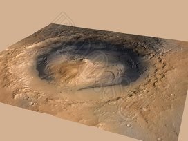 Положение марсохода Curiosity на высококачественном снимке кратера Гейл. Положение аппарата отмечено точкой